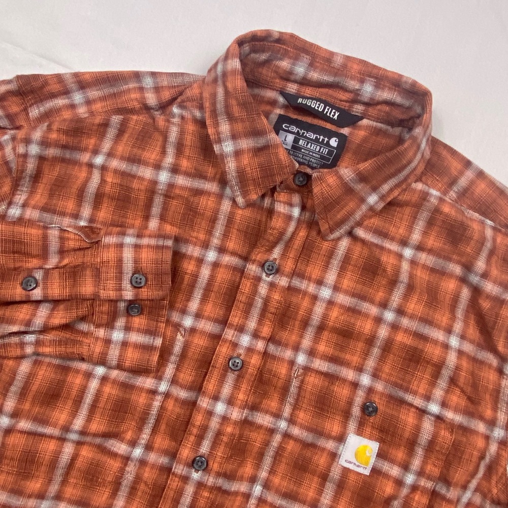 Carhartt Rugged Flex Relaxed Fit Plaid Flannel Shirt Mens Large Brown Orange